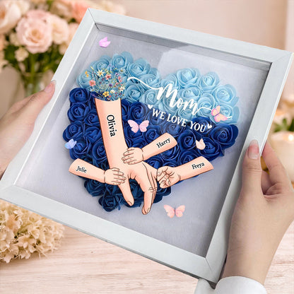 Personalized “Mom, We Love You” Holding Hands Heart Flower Shadow Box – Custom Kids’ Names, Perfect Mother’s Day Gift