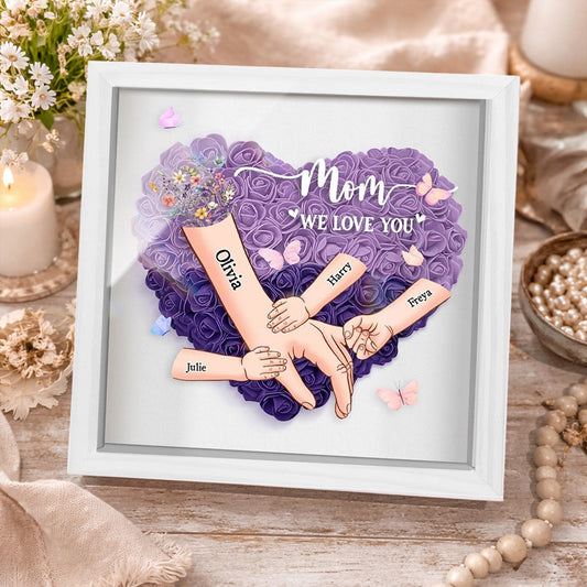 Personalized “Mom, We Love You” Holding Hands Heart Flower Shadow Box – Custom Kids’ Names, Perfect Mother’s Day Gift