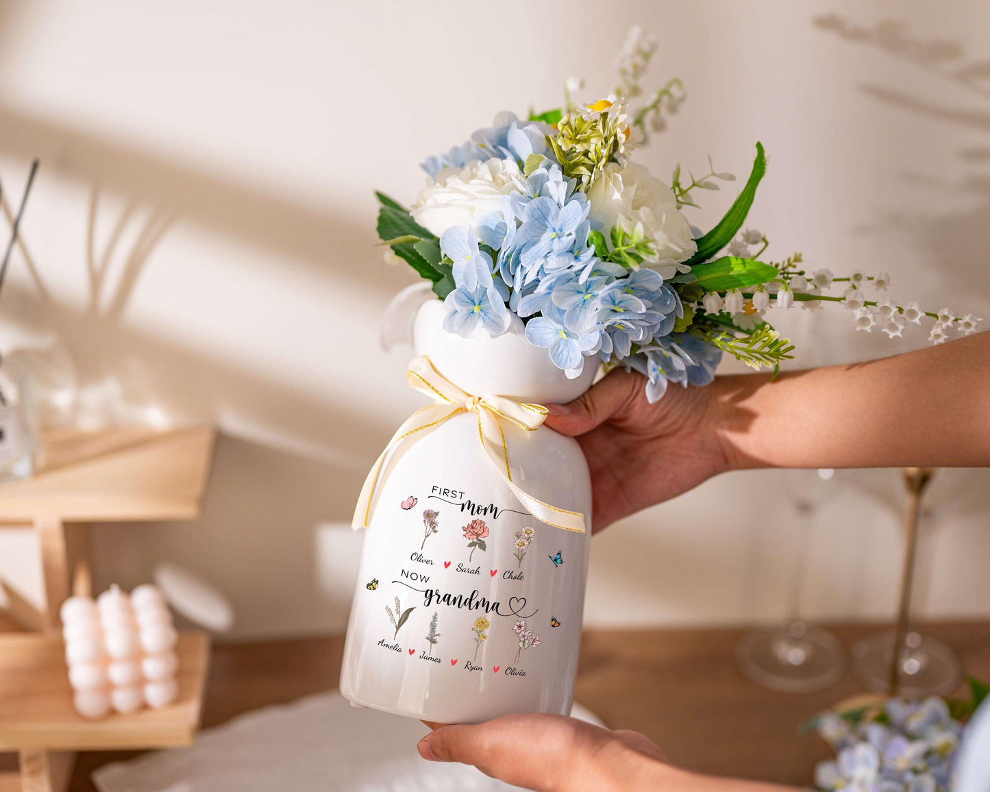 Personalized First Mom Now Grandma Birth Month Flower Vase with Names Mother's Day Gift