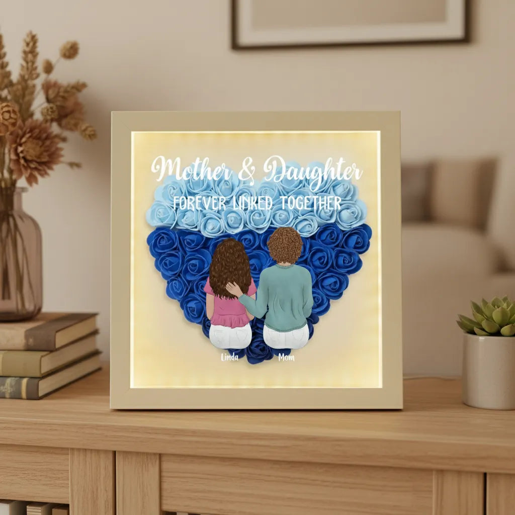 Personalized Mom and Daughter Heart Shadow Box With LED Light Mother's Day Gift