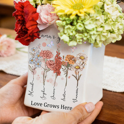 Custom Birth Flower Vase – “Grandma’s Garden, Love Grows Here” with Grandkids’ Names, Perfect Mother’s Day Gift