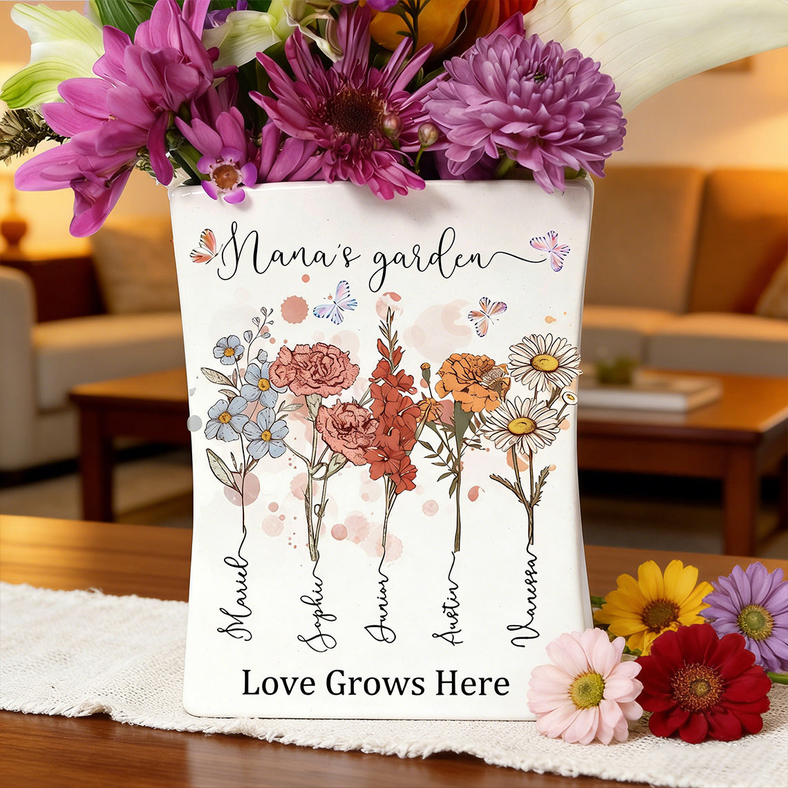 Custom Birth Flower Vase – “Grandma’s Garden, Love Grows Here” with Grandkids’ Names, Perfect Mother’s Day Gift