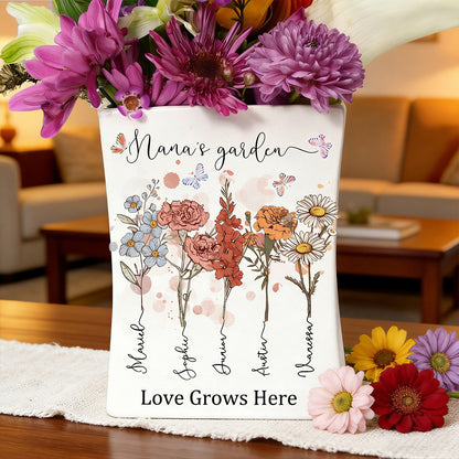 Custom Birth Flower Vase – “Grandma’s Garden, Love Grows Here” with Grandkids’ Names, Perfect Mother’s Day Gift