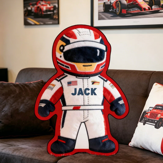 Custom Racer-Shaped Plush Pillow – Personalized Name Gift for Racing Fans and Car Enthusiasts