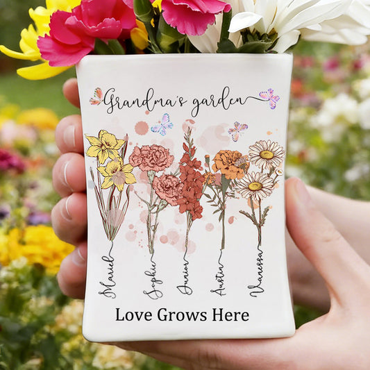 Custom Birth Flower Vase – “Grandma’s Garden, Love Grows Here” with Grandkids’ Names, Perfect Mother’s Day Gift