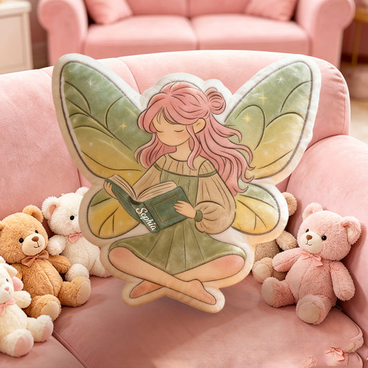 Personalized Reading Fairy Throw Pillow with Custom Name, Cute Fairy Book Cushion, Gift for Kids, Book Lovers & Christmas Decor