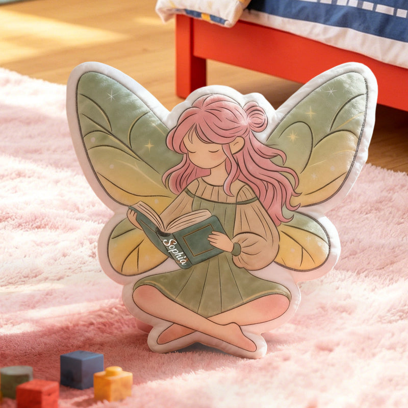 Personalized Reading Fairy Throw Pillow with Custom Name, Cute Fairy Book Cushion, Gift for Kids, Book Lovers & Christmas Decor
