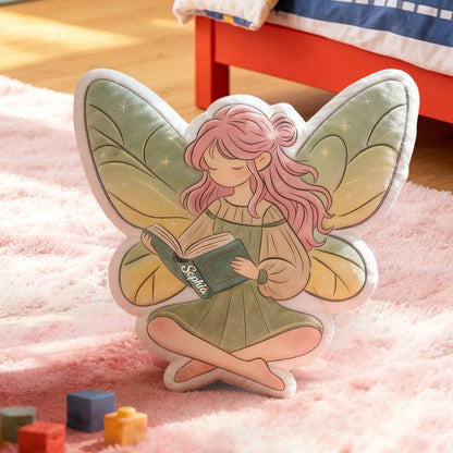 Personalized Reading Fairy Throw Pillow with Custom Name, Cute Fairy Book Cushion, Gift for Kids, Book Lovers & Christmas Decor