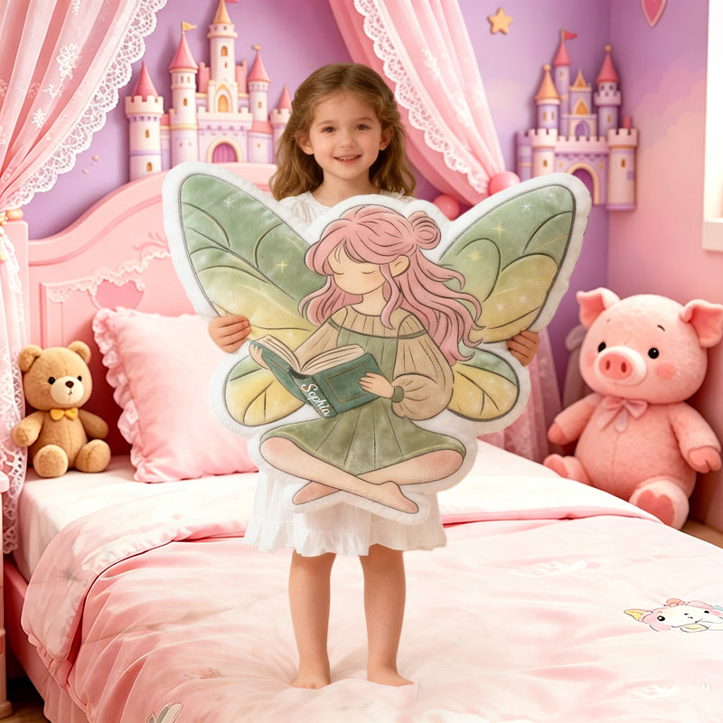 Personalized Reading Fairy Throw Pillow with Custom Name, Cute Fairy Book Cushion, Gift for Kids, Book Lovers & Christmas Decor