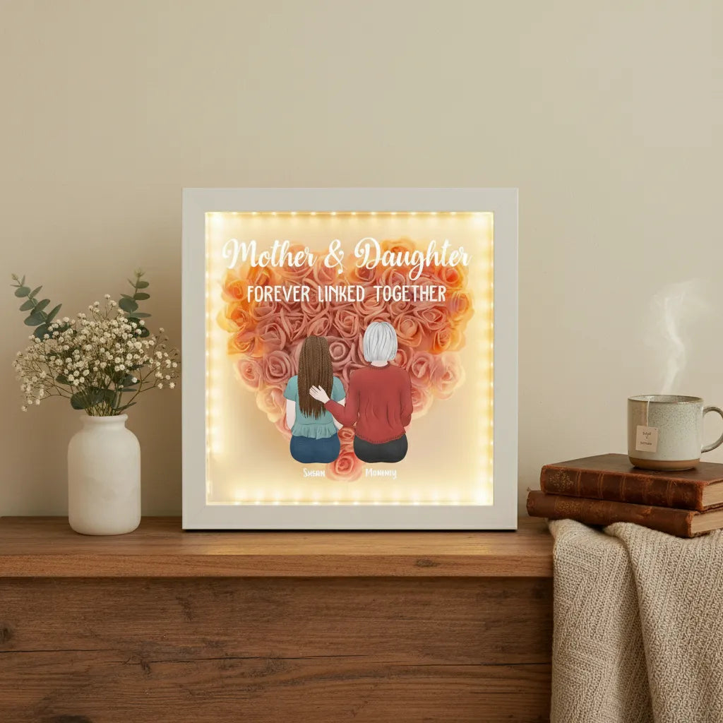 Personalized Mom and Daughter Heart Shadow Box With LED Light Mother's Day Gift