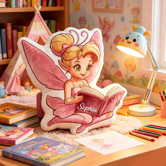 Personalized Fairy Princess Bookish Throw Pillow with Custom Name, Reading Fairy Cushion, Gift for Kids, Book Lovers & Christmas Decor