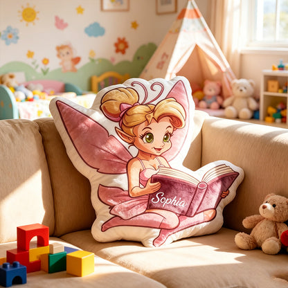 Personalized Fairy Princess Bookish Throw Pillow with Custom Name, Reading Fairy Cushion, Gift for Kids, Book Lovers & Christmas Decor