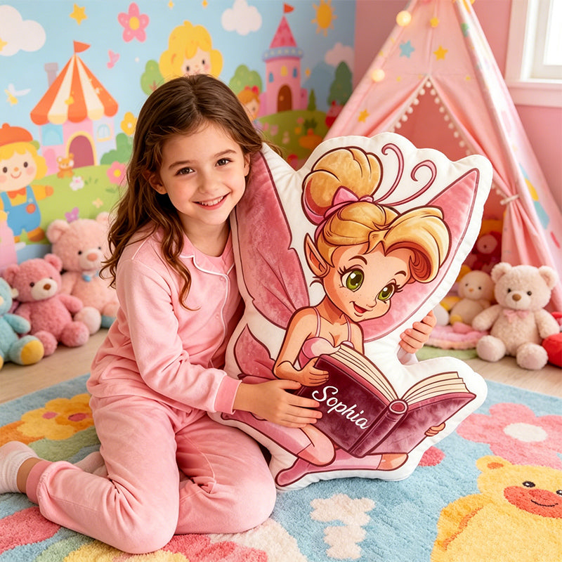 Personalized Fairy Princess Bookish Throw Pillow with Custom Name, Reading Fairy Cushion, Gift for Kids, Book Lovers & Christmas Decor