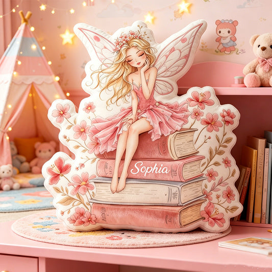 Personalized Book Fairy Throw Pillow with Custom Name, Reading Fairy Plush Cushion, Gift for Kids, Book Lovers & Bedroom Decor