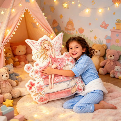 Personalized Book Fairy Throw Pillow with Custom Name, Reading Fairy Plush Cushion, Gift for Kids, Book Lovers & Bedroom Decor
