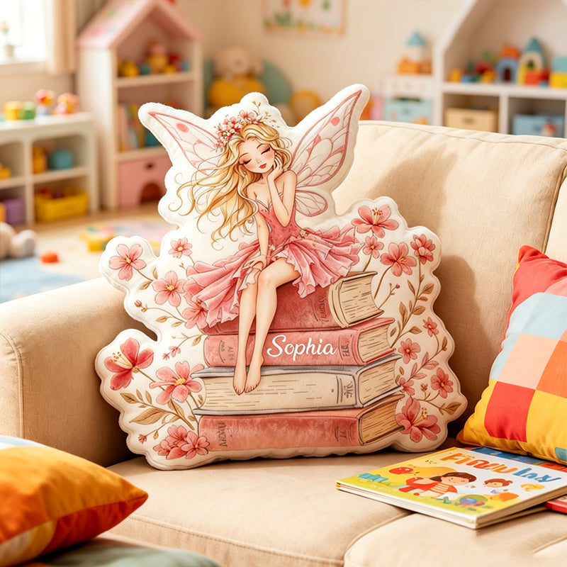 Personalized Book Fairy Throw Pillow with Custom Name, Reading Fairy Plush Cushion, Gift for Kids, Book Lovers & Bedroom Decor