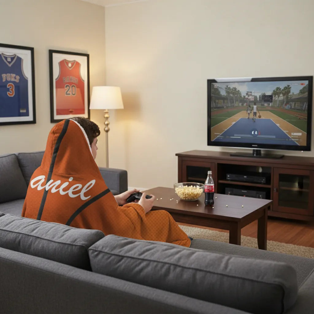 BASKERBALL THROW HOODED -Hooded Minky Fleece Blanket