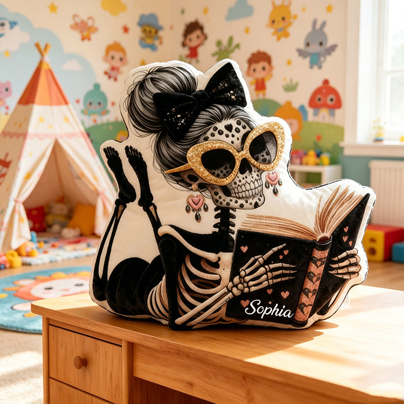 Personalized Skeleton Reading Pillow with Custom Name, Fantasy Book Lover Throw Cushion, Unique Gift for Readers, Christmas & Book Lovers