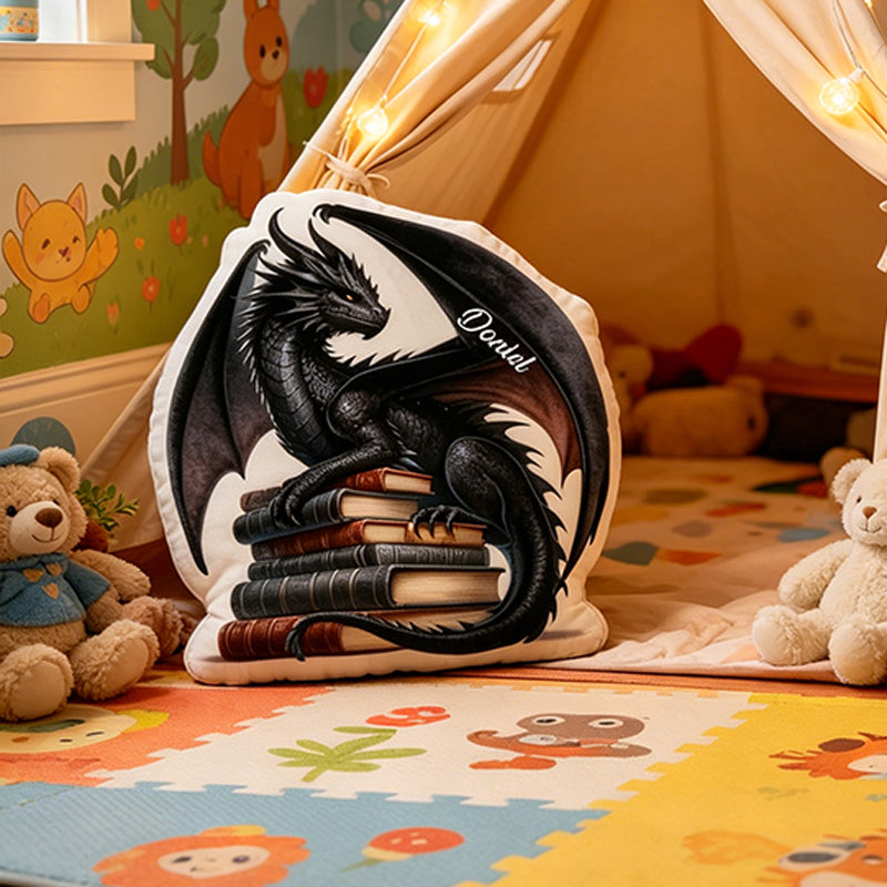 Personalized Black Dragon Book Pillow with Custom Name, Fantasy Dragon Throw Cushion, Gift for Kids, Book Lovers & Christmas