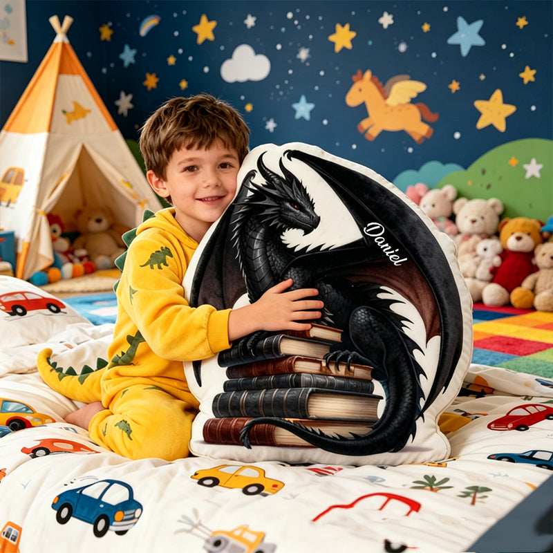 Personalized Black Dragon Book Pillow with Custom Name, Fantasy Dragon Throw Cushion, Gift for Kids, Book Lovers & Christmas