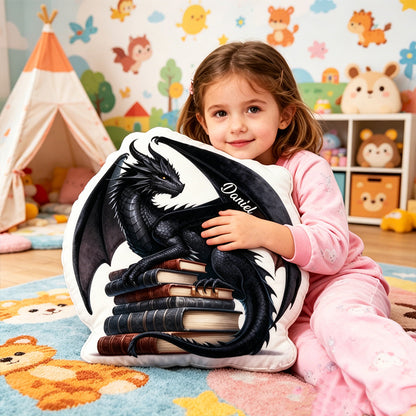 Personalized Black Dragon Book Pillow with Custom Name, Fantasy Dragon Throw Cushion, Gift for Kids, Book Lovers & Christmas
