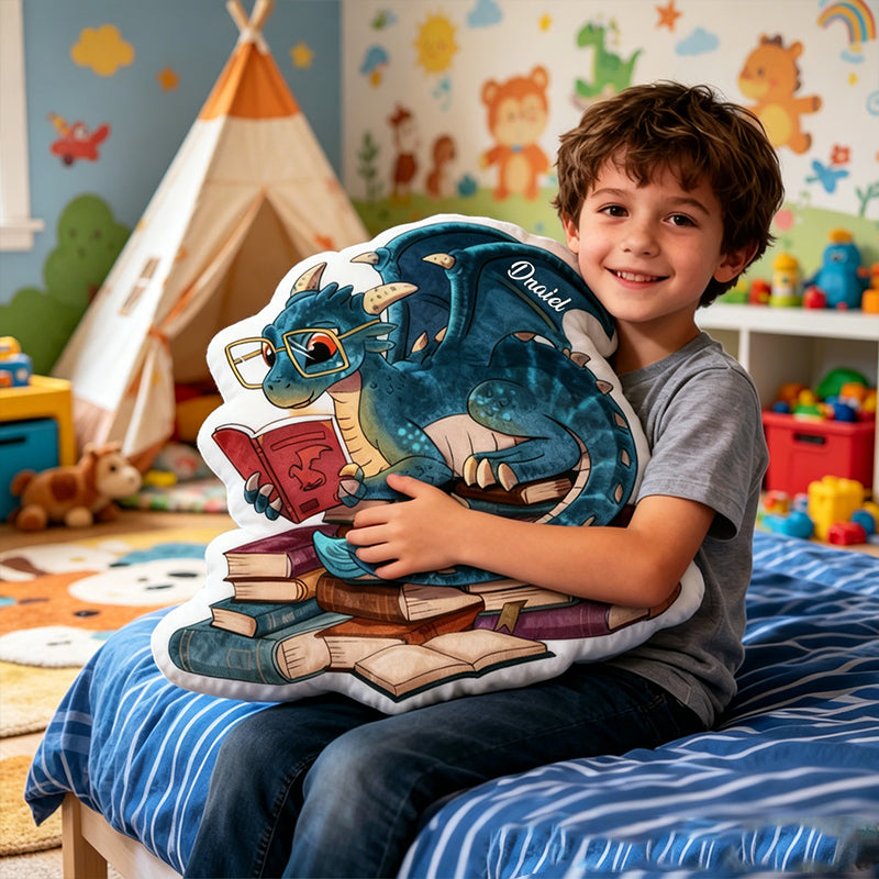Personalized Reading Dragon Pillow with Custom Name, Fantasy Glasses Dragon Book Cushion, Gift for Kids, Book Lovers & Christmas