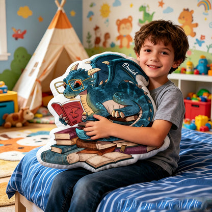 Personalized Reading Dragon Pillow with Custom Name, Fantasy Glasses Dragon Book Cushion, Gift for Kids, Book Lovers & Christmas