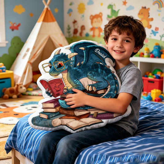 Personalized Reading Dragon Pillow with Custom Name, Fantasy Glasses Dragon Book Cushion, Gift for Kids, Book Lovers & Christmas