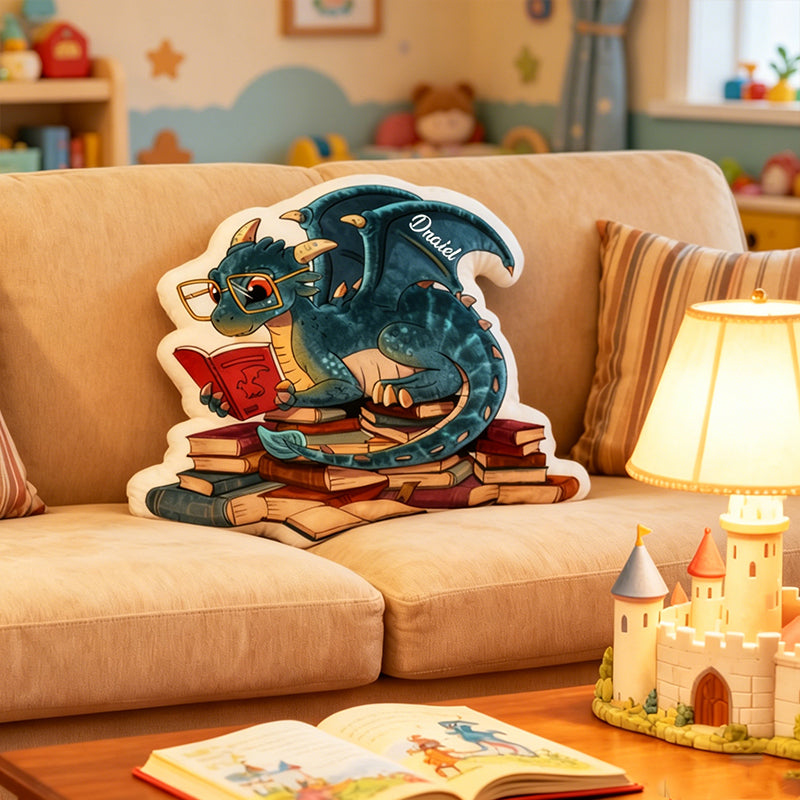Personalized Reading Dragon Pillow with Custom Name, Fantasy Glasses Dragon Book Cushion, Gift for Kids, Book Lovers & Christmas