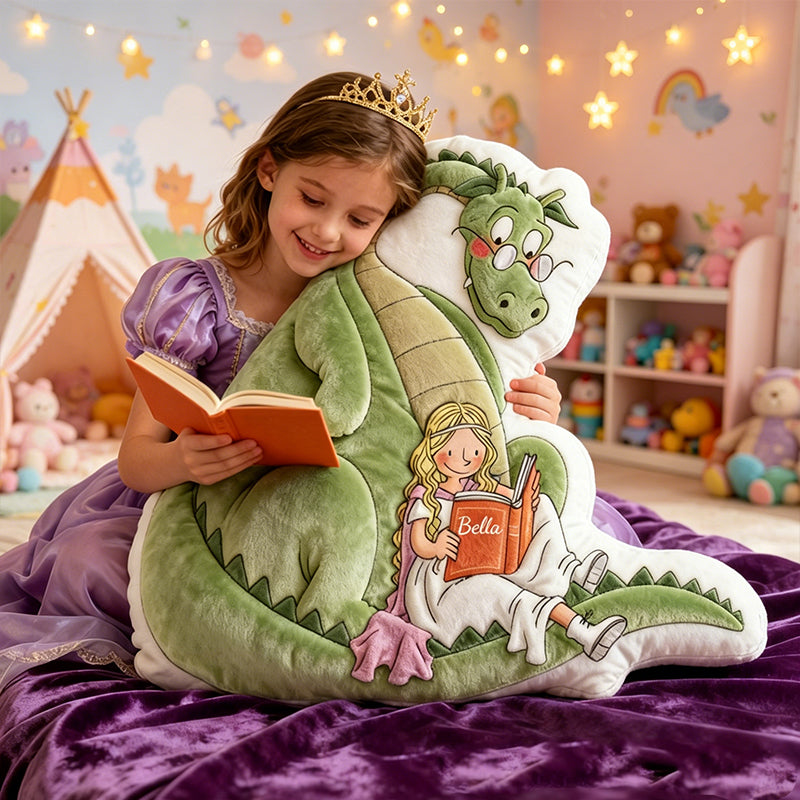 Personalized Reading Prince Dragon Pillow with Custom Name, Fantasy Book Throw Cushion, Gift for Kids, Boys, Girls & Book Lovers
