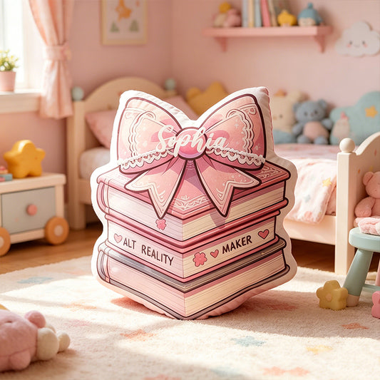 Personalized Pink Bow Book Pillow with Custom Name, Reading Lover Throw Cushion, Gift for Book Lovers & Girls Room Decor