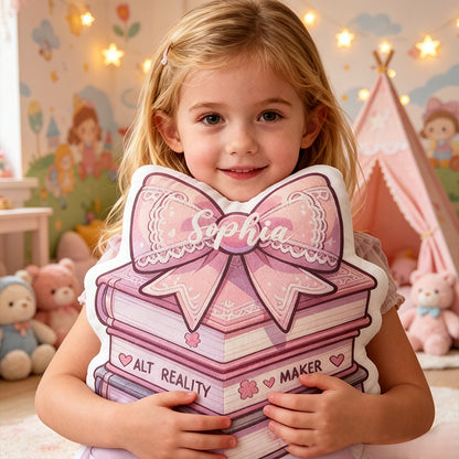 Personalized Pink Bow Book Pillow with Custom Name, Reading Lover Throw Cushion, Gift for Book Lovers & Girls Room Decor