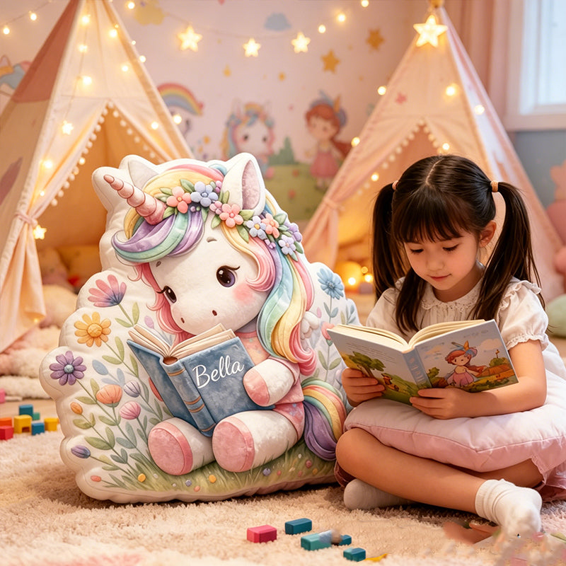 Personalized Reading Horse Pillow with Custom Name, Cartoon Horse Book Throw Cushion, Gift for Kids, Book Lovers & Christmas