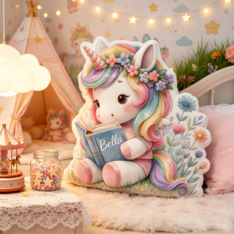 Personalized Reading Horse Pillow with Custom Name, Cartoon Horse Book Throw Cushion, Gift for Kids, Book Lovers & Christmas