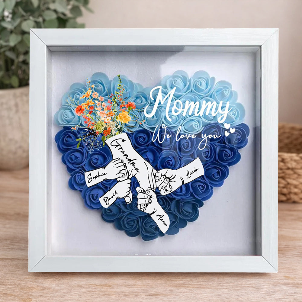 Personalized Mom “We Love You” Heart Flower Shadow Box – Holding Hands with Kids’ Names, Mother’s Day Gift