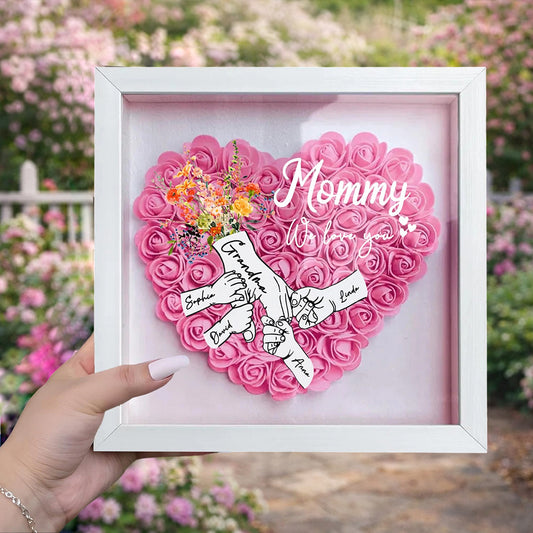 Personalized Mom “We Love You” Heart Flower Shadow Box – Holding Hands with Kids’ Names, Mother’s Day Gift