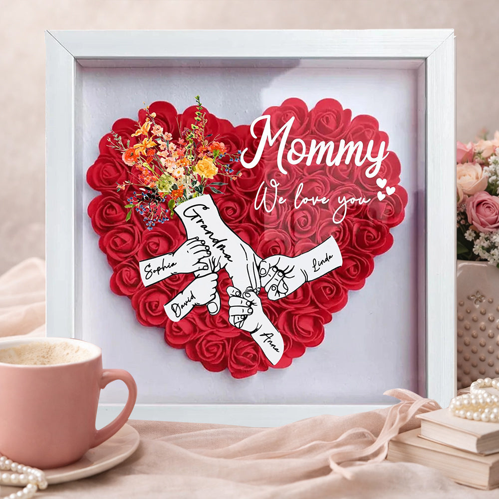 Personalized Mom “We Love You” Heart Flower Shadow Box – Holding Hands with Kids’ Names, Mother’s Day Gift