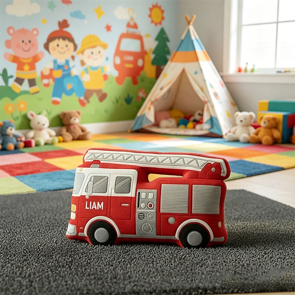 Personalized Fire Truck Plush Pillow Custom Name Cushion Gift for Firefighters and Fire Truck Lovers