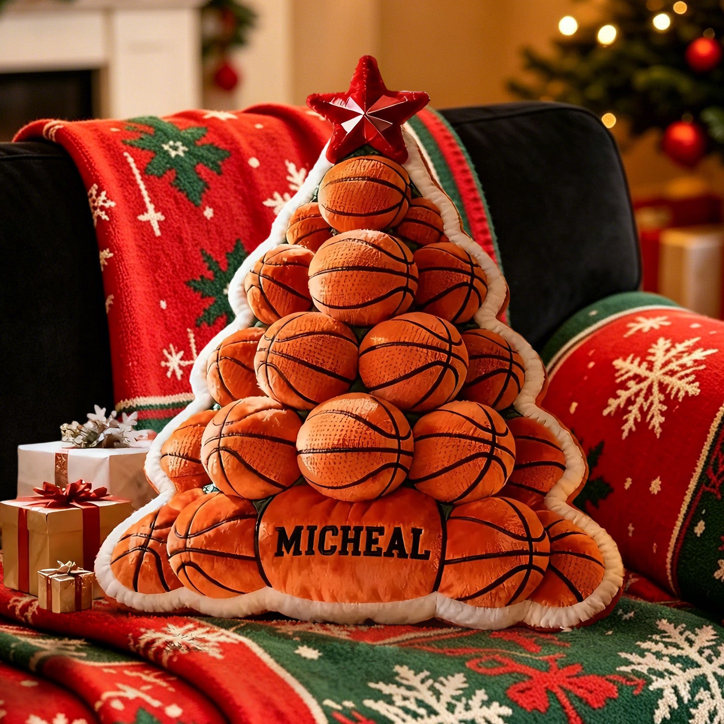 Custom Basketball Christmas Pillow with Name – 3D Graphic Design for Fans
