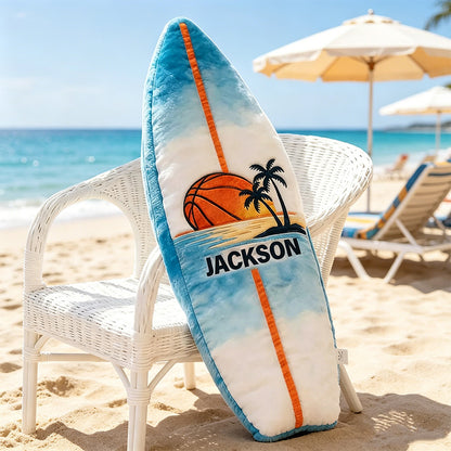 Custom Name Surfboard Basketball Pillow – Fun Gift for Sports and Beach Enthusiasts
