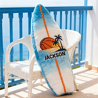 Custom Name Surfboard Basketball Pillow – Fun Gift for Sports and Beach Enthusiasts