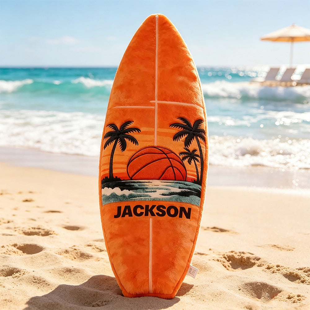 Custom Name Surfboard Basketball Pillow – Fun Gift for Sports and Beach Enthusiasts