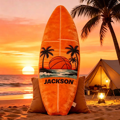 Custom Name Surfboard Basketball Pillow – Fun Gift for Sports and Beach Enthusiasts