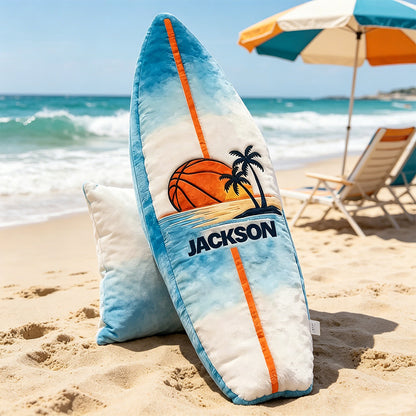 Custom Name Surfboard Basketball Pillow – Fun Gift for Sports and Beach Enthusiasts