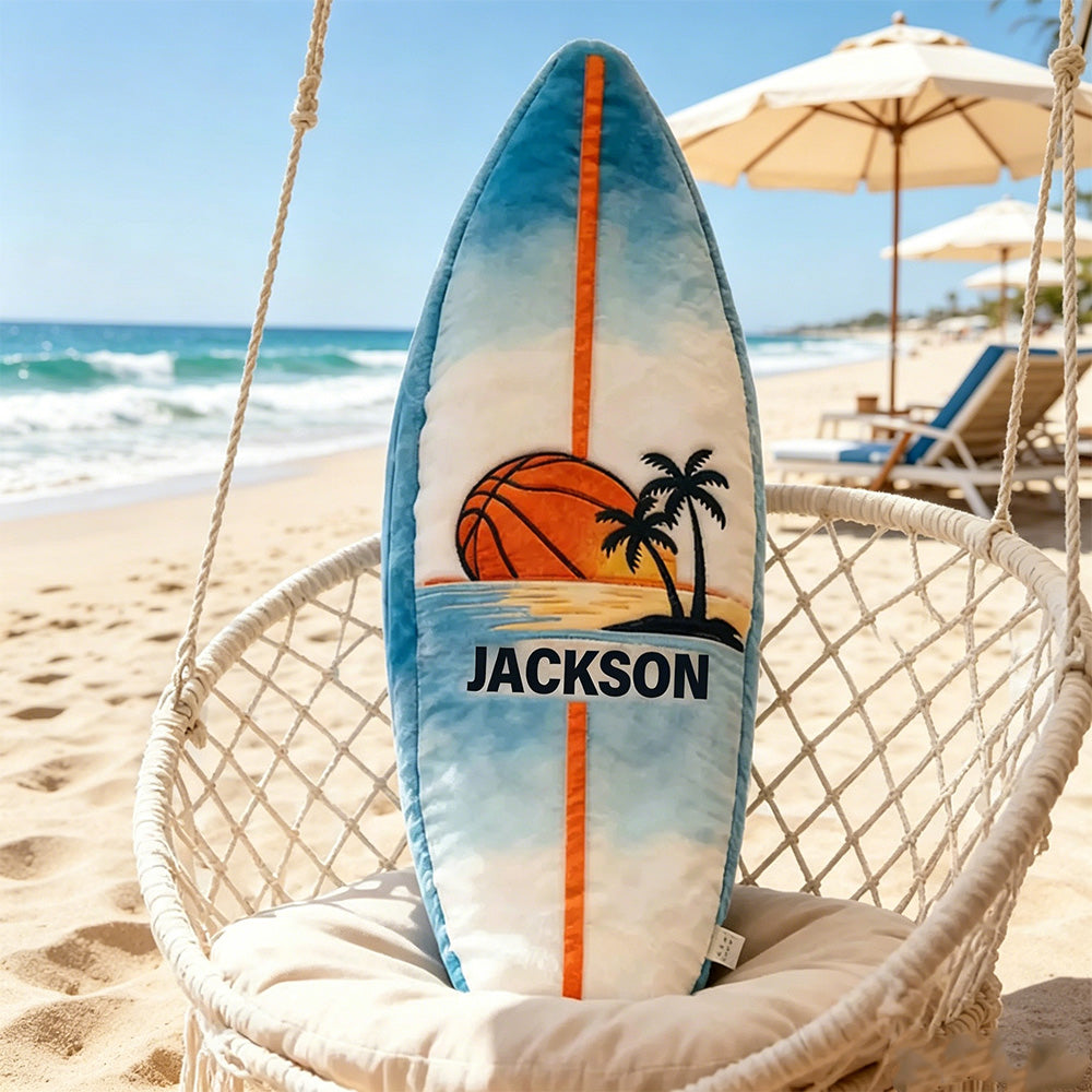 Custom Name Surfboard Basketball Pillow – Fun Gift for Sports and Beach Enthusiasts