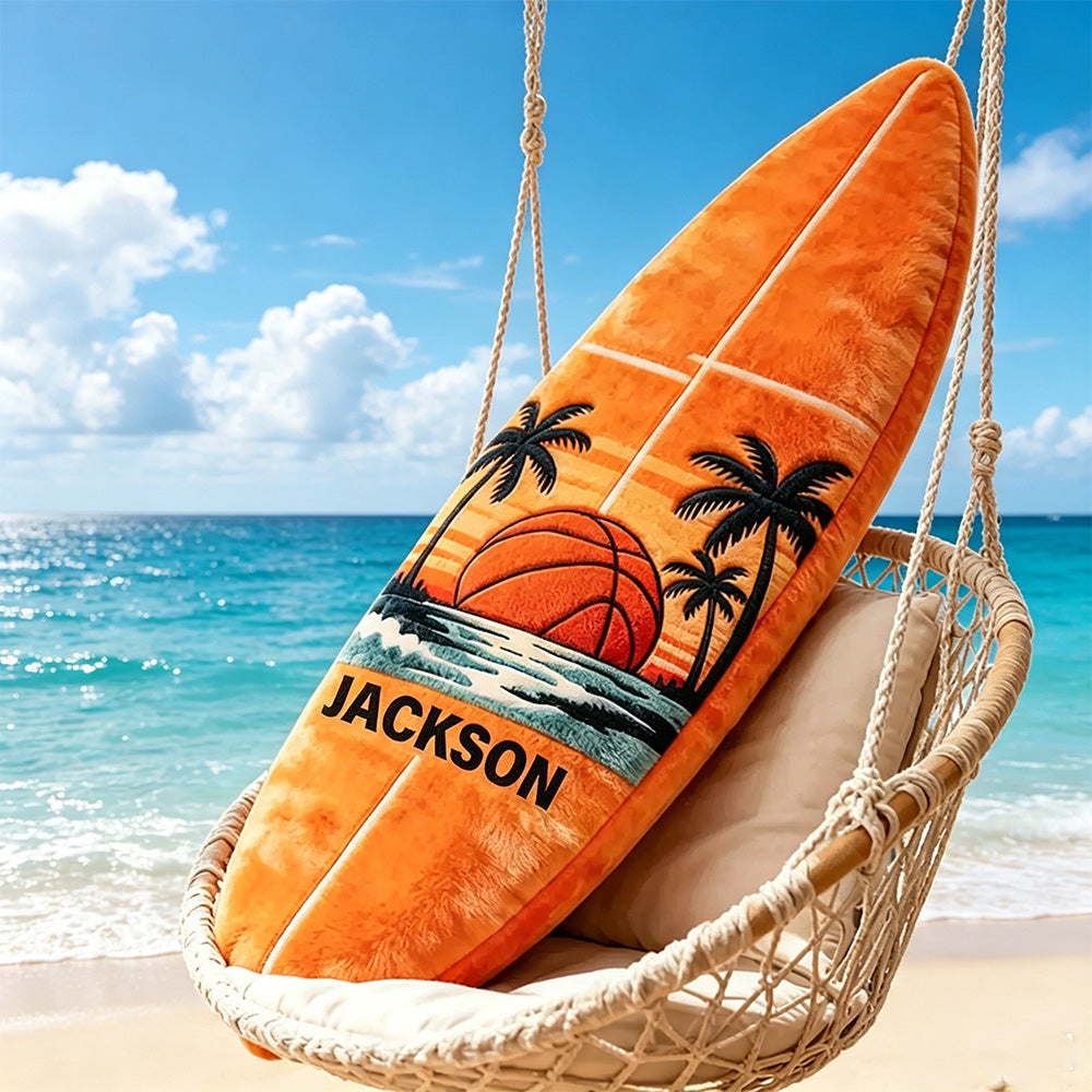 Custom Name Surfboard Basketball Pillow – Fun Gift for Sports and Beach Enthusiasts