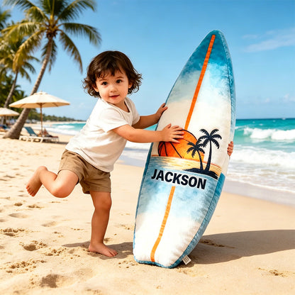 Custom Name Surfboard Basketball Pillow – Fun Gift for Sports and Beach Enthusiasts