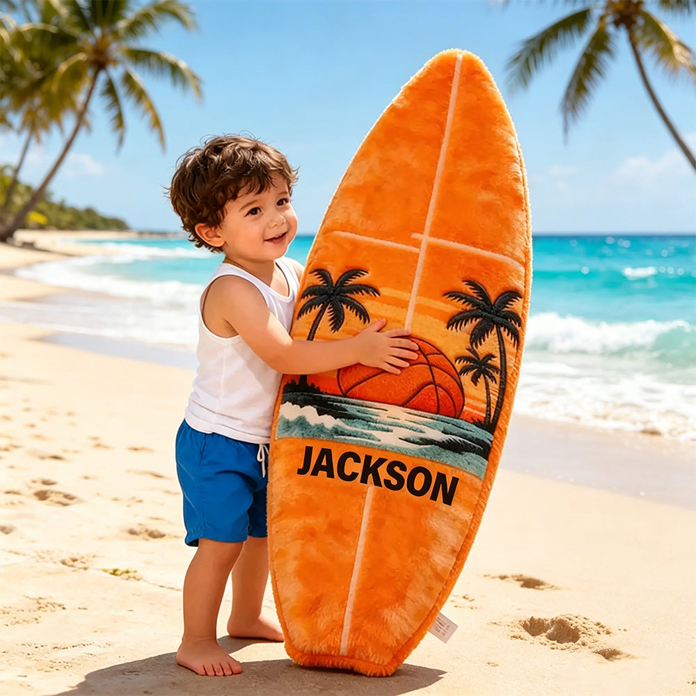 Custom Name Surfboard Basketball Pillow – Fun Gift for Sports and Beach Enthusiasts