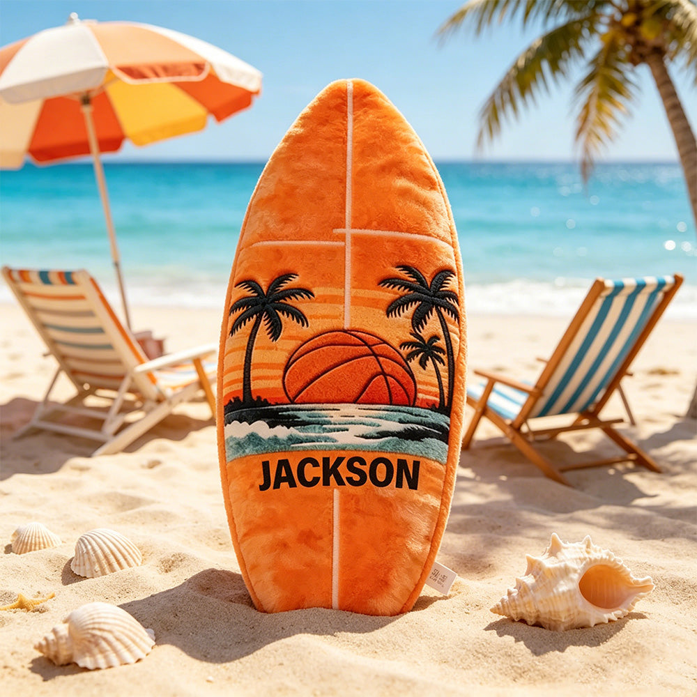Custom Name Surfboard Basketball Pillow – Fun Gift for Sports and Beach Enthusiasts