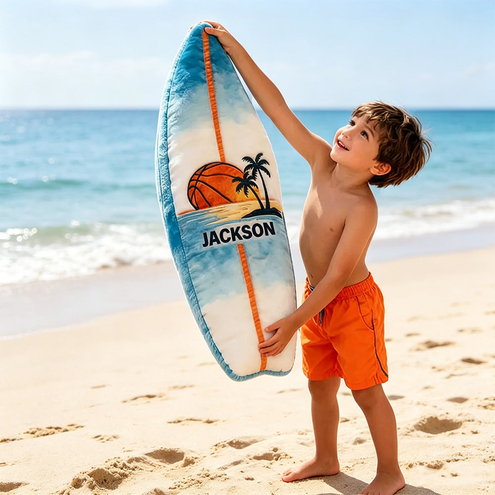 Custom Name Surfboard Basketball Pillow – Fun Gift for Sports and Beach Enthusiasts